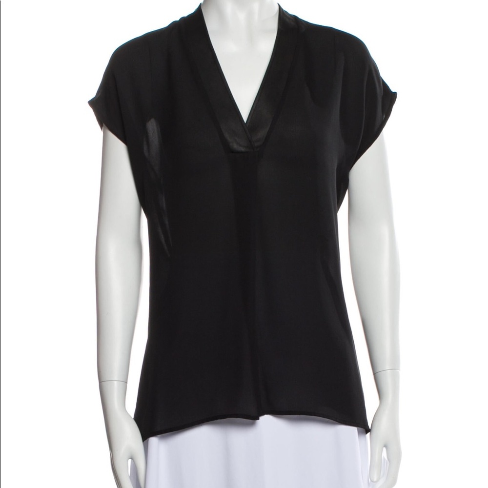 Vince Black V-Neck Blouse with Leather Collar